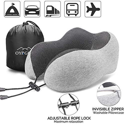  OYRGCIK Travel Pillow, 100% Pure Memory Foam Neck Pillow, Soft & Breathable Cotton Cover, Machine Washable Airplane Travel Kit U Shaped Pillow With 3D Contoured Eye Mask, Earplugs, & Travel Bag, Gray