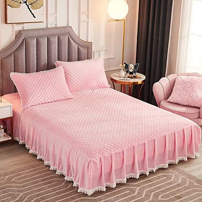 Diamond Quilted Velvet Bedspread Three Sides 18 Inches Deep Ruffles Drop Fitted Sheet Bed Skirt With Tassels Decorative Fringe (White, King)