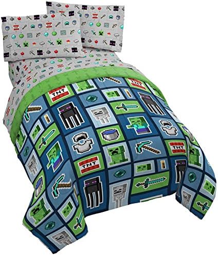  Jay Franco Minecraft Monster Hunters 5 Piece Queen Bed Set - Includes Reversible Comforter & Sheet Set - Bedding Features Creeper - Super Soft Fade Resistant Microfiber (Official Minecraft Product)