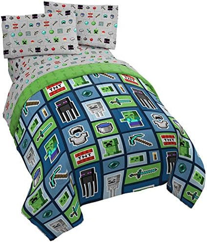  Jay Franco Minecraft Monster Hunters 5 Piece Queen Bed Set - Includes Reversible Comforter & Sheet Set - Bedding Features Creeper - Super Soft Fade Resistant Microfiber (Official Minecraft Product)