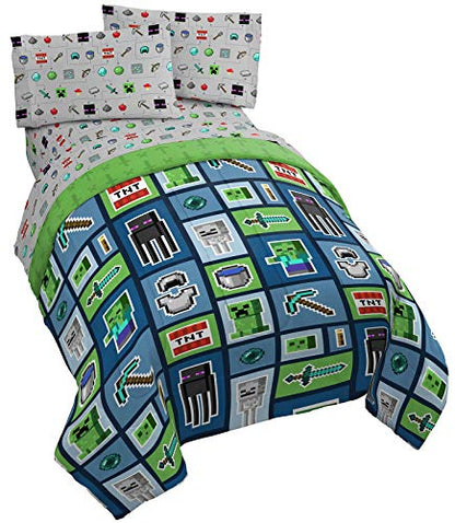  Jay Franco Minecraft Monster Hunters 5 Piece Queen Bed Set - Includes Reversible Comforter & Sheet Set - Bedding Features Creeper - Super Soft Fade Resistant Microfiber (Official Minecraft Product)