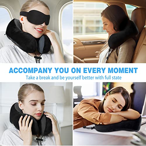  Findigit Travel Neck Pillow 100% Pure Memory Foam Pillow, Airplanes & Car Sleep Neck, Comfortable & Breathable Cover, Machine Washable, Travel Kit With Eye Masks, Earplugs, And Luxury Bag (Black)