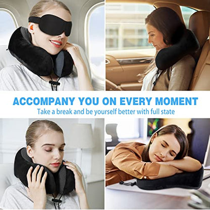  Findigit Travel Neck Pillow 100% Pure Memory Foam Pillow, Airplanes & Car Sleep Neck, Comfortable & Breathable Cover, Machine Washable, Travel Kit With Eye Masks, Earplugs, And Luxury Bag (Black)