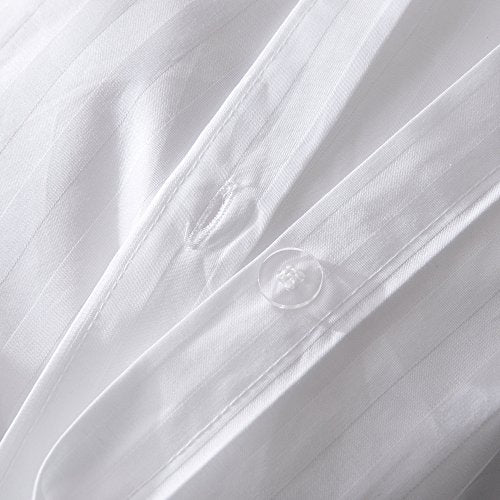  Merryfeel Cotton Sateen Duvet Cover Set,100% Cotton Sateen 300 Thread Count Classic Jacqaurd Stripe Duvet Cover Set,3 Pieces Bedding Set. (Full/Queen,White)-5-Star Hotel Quality