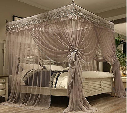  Mengersi Princess 4 Corners Post Bed Canopy Bed Curtains Mosquito Netting (Queen, Gray)