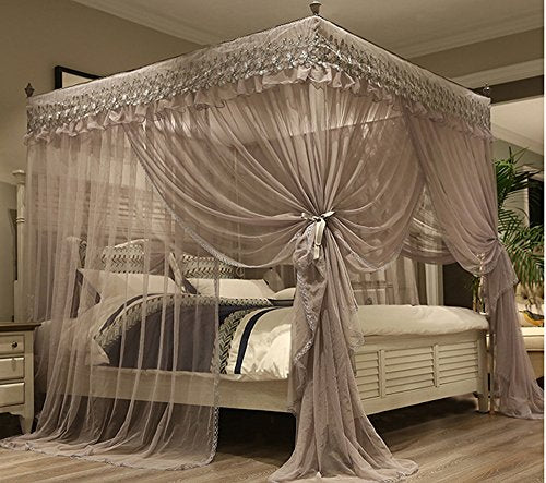  Mengersi Princess 4 Corners Post Bed Canopy Bed Curtains Mosquito Netting (Queen, Gray)