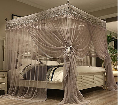  Mengersi Princess 4 Corners Post Bed Canopy Bed Curtains Mosquito Netting (Queen, Gray)