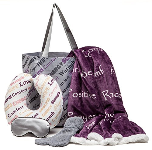  Chanasya 5-Piece Warm Hugs Positive Energy Healing Thoughts Comfort Caring Message Print Combo Gift Pack Throw Blanket, Neck Pillow, Eye Mask, Tote Bag, Socks - For Women Men Cancer Hospital Aubergine