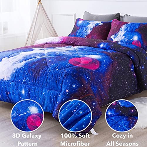  3D Galaxy Queen Comforter Set (90''x90''), 3 Pieces All Season Down Alternative Comforter Set (1 Galaxy Blue Comforter, 2 Pillowcases), Universal Outer Space Bedding Set, Microfiber Comforter