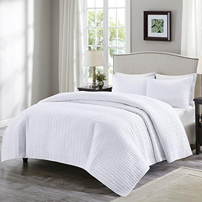  Comfort Spaces Kienna Quilt Set-Luxury Double Sided Stitching Design All Season, Lightweight, Coverlet Bedspread Bedding, Matching Shams, Twin/Twin XL(66"x90"), White,CS14-0263