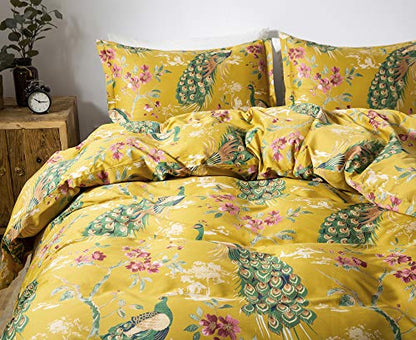  Eikei Chinoiserie Chic Peacock Floral Duvet Cover Paradise Garden Botanical Bird And Tree Branches Vintage Stylized Long Staple Cotton Bedding Set (King, Citrine)