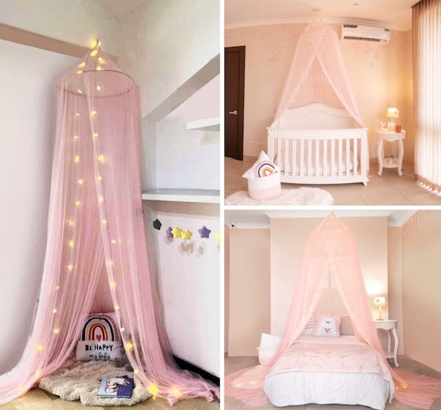  Bed Canopy With Lights - Bed Canopy For Girls, Girls Room Decor With Hanging Lights And E-Book, Pink Decor, Mosquito Net, Bed Tent, Play Tent, Bed Room Decoration Ideas, Princess Bed