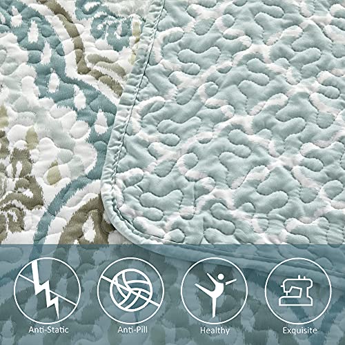  Voli Ikat Oversize 122" X 106" 5 Piece Teal Aqua Printed Prewashed Quilted Coverlet Bedspread Bed Cover Set For All Season, Lightweight Quilt Blanket With Matching Shams Pillows