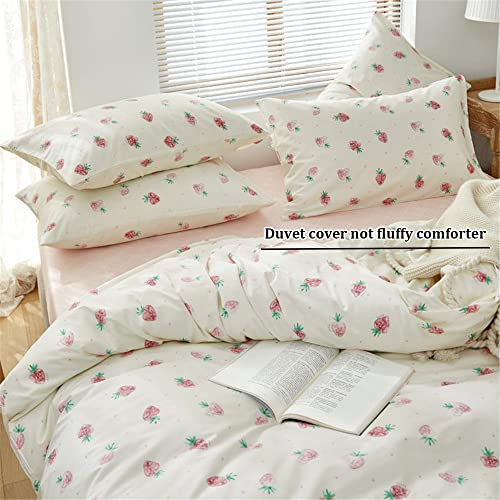  Cute Strawberry Duvet Cover Twin Kids Girls Bedding Set Kawaii Bedroom Decor Cotton Quilt Cover With Zipper Lightweight 3 Piece Bed Set With 2 Pillow Cases, Cream White