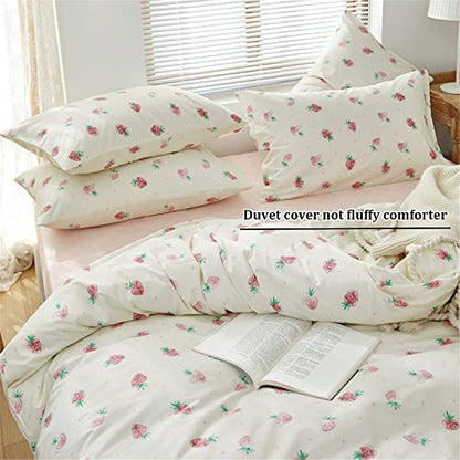  Cute Strawberry Duvet Cover Twin Kids Girls Bedding Set Kawaii Bedroom Decor Cotton Quilt Cover With Zipper Lightweight 3 Piece Bed Set With 2 Pillow Cases, Cream White