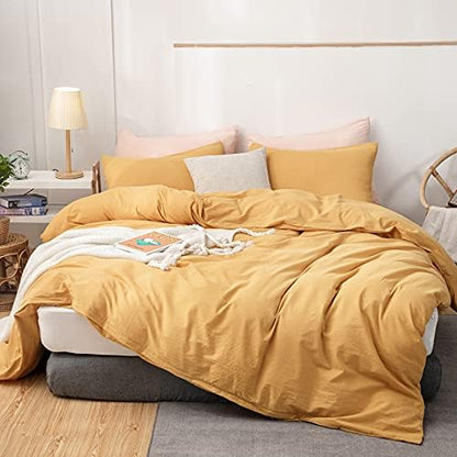  Straw Yellow 100% Washed Cotton Queen Duvet Cover Set, 3 Pieces 1 Comforter Cover And 2 Pillowcases, Ultra Soft And Breathable Solid Color Bedding Set With Zipper Closure