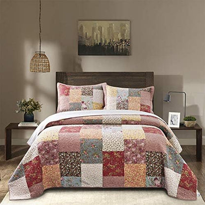  100% Cotton Luxury Decorative Bedspread With Multi Print Floral Patchwork Quilt, Soft & Oversized Coverlet, King 110x96”, Ivory & Brown