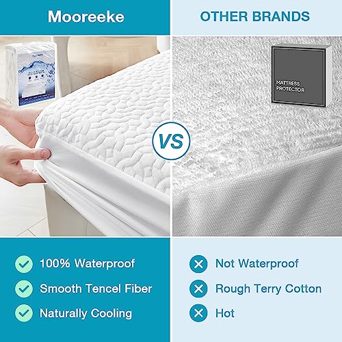  Mooreeke Premium 100% Waterproof Cooling Mattress Protector Queen Size Tencel Breathable Mattress Pad, Deep Pocket Fitted Mattress Cover Smooth Noiseless Soft Cooler Than Bamboo & Machine Washable