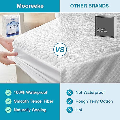  Mooreeke Premium 100% Waterproof Cooling Mattress Protector Queen Size Tencel Breathable Mattress Pad, Deep Pocket Fitted Mattress Cover Smooth Noiseless Soft Cooler Than Bamboo & Machine Washable