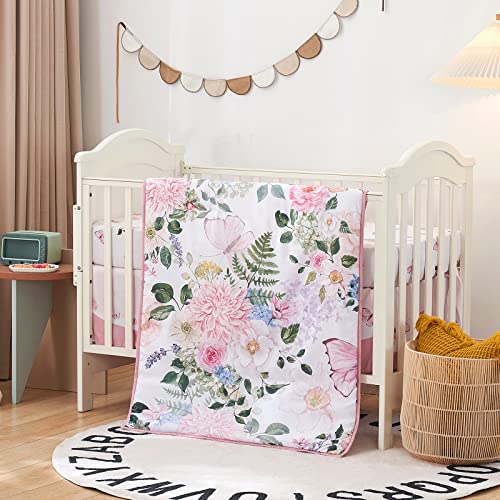  Beeweed 4-Piece Crib Bedding Set For Boys Girls, Soft Baby Bedding Set Including Blanket, Crib Skirt, Crib Sheets & Diaper Stacker, Flower Butterfly Nursery Bedding Set