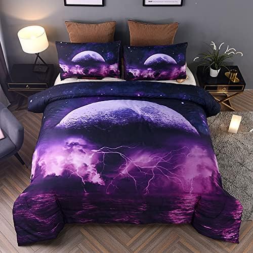  Holawakaka Galaxy Comforter Set, Queen Size Moon Sea Lightning Printed Quilted Bedding Set Bedspread (Purple Moon Sea, Queen)…