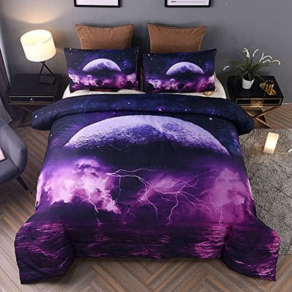  Holawakaka Galaxy Comforter Set, Queen Size Moon Sea Lightning Printed Quilted Bedding Set Bedspread (Purple Moon Sea, Queen)…