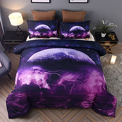  Holawakaka Galaxy Comforter Set, Queen Size Moon Sea Lightning Printed Quilted Bedding Set Bedspread (Purple Moon Sea, Queen)…