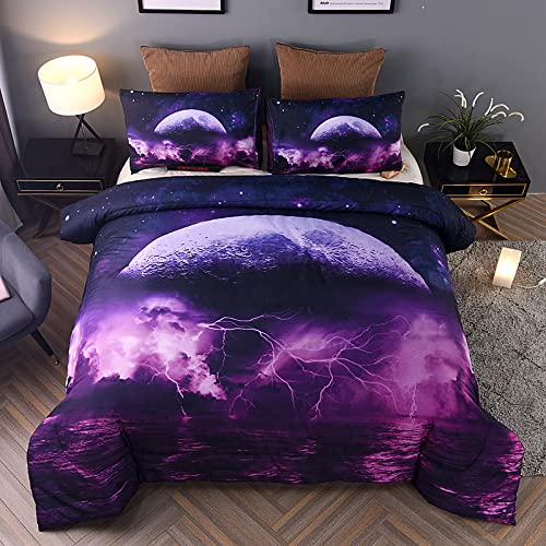  Holawakaka Galaxy Comforter Set, Queen Size Moon Sea Lightning Printed Quilted Bedding Set Bedspread (Purple Moon Sea, Queen)…