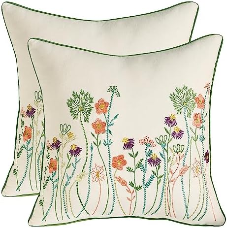  Tosleo Farmhouse Pink Tulip Embroidered Decorative Throw Pillow Covers 18x18 Set Of 2 Flowers Tufted Pillow Cushion Cases Square Floral Cotton Pillowcases For Wedding Sofa Couch Bedroom Living Room