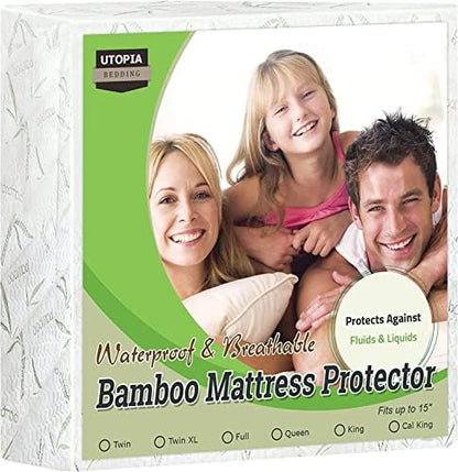  Premium Bamboo Waterproof Mattress Protector Twin 340 GSM, Fits 15 Inches Deep, Mattress Cover, Breathable, Fitted Style With Stretchable Pockets
