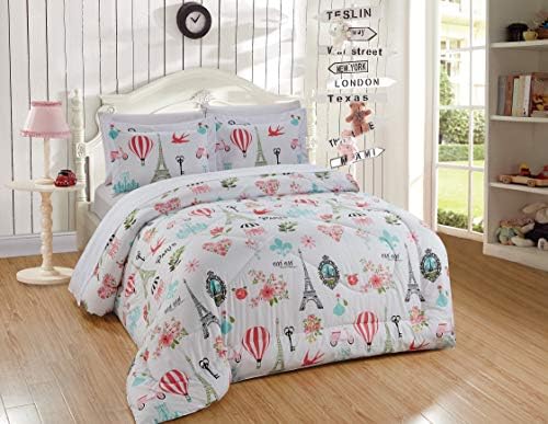  Better Home Style Pink White Blue Green Floral Paris Eiffel Tower Bonjour Flowers Design 5 Piece Comforter Bedding Set Bed In A Bag With Complete Sheet Set # Paris Balloon (Twin)
