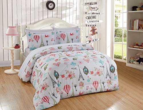  Better Home Style Pink White Blue Green Floral Paris Eiffel Tower Bonjour Flowers Design 5 Piece Comforter Bedding Set Bed In A Bag With Complete Sheet Set # Paris Balloon (Twin)
