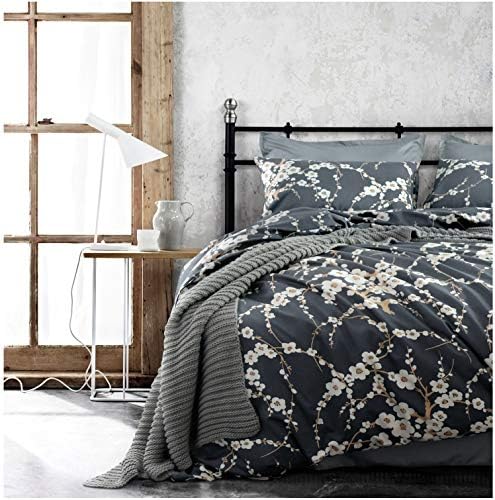  Japanese Oriental Style Cherry Red Blossom Floral Branches Print Duvet Quilt Cover 300tc Cotton Bedding 3 Piece Set (Queen, Charcoal)