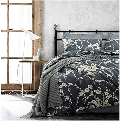  Japanese Oriental Style Cherry Red Blossom Floral Branches Print Duvet Quilt Cover 300tc Cotton Bedding 3 Piece Set (Queen, Charcoal)