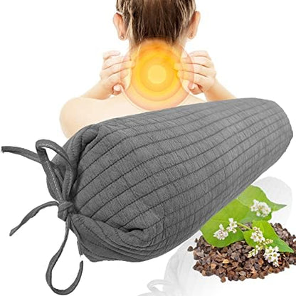  Adjustable Buckwheat Pillow With Washable Cotton Pillowcase, Neck Roll Pillow For Sleeping, Cylinder Cervical Pillow For Neck Pain Relief, Round Support Firm Buckwheat Husk Hull Pillows Grey