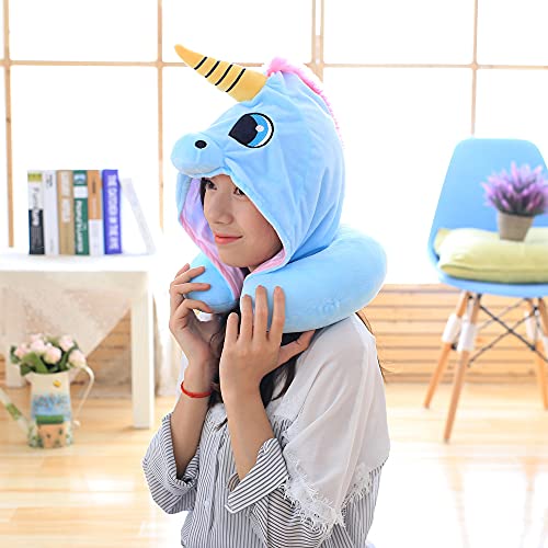  HOIIME Unicorn Travel Pillow With Hoodie,Adults & Kids Hooded Neck Pillow,Plush Animal U Shaped Cushion With Cute Sleep Mask For Airplane Travel (Blue)