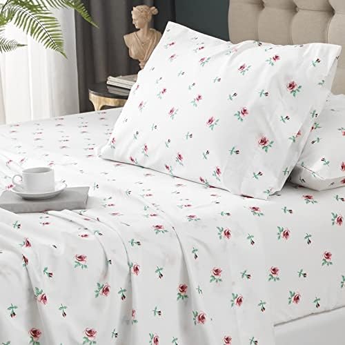  Floral Bed Sheets King Size, 18 Inches Deep Pocket Sheets 1800 Thread Count, Black And White Leaf Sheet Set Soft Breathable Cute Aesthetic Sheets Shabby Chic Bed Sheets,Oeko-Tex Certificated