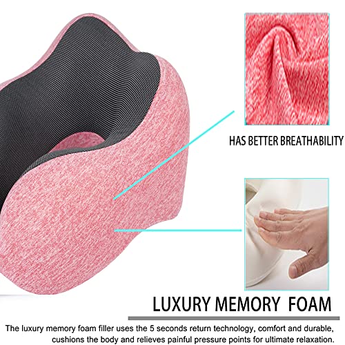  Levcoecam Travel Neck Pillow,Memory Foam Neck Pillow,Comfortable & Breathable Cover, Portable Airplane Travel Kit With 3D Contoured Eye Masks, Earplugs, And Luxury Bag (Pink)