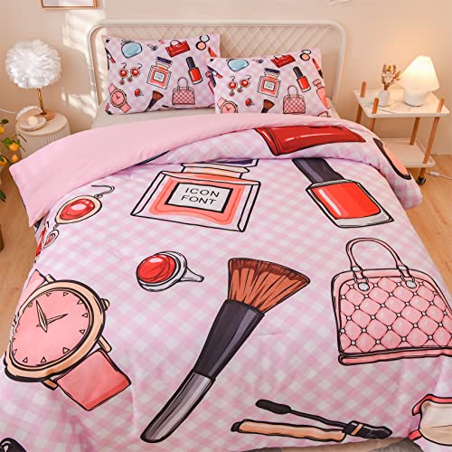  Aimuan Pink Comforter Set Cosmetic And Makeup Theme Quilt Set With Perfume Bag Lipstick Nail Polish Pattern Decorative Quilted 3 Pcs Bedding Set With 2 Pillowcases (Pink, Queen)