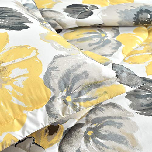  Ah 6 Piece Floral Comforter Set, Full/Queen, Yellow & Gray