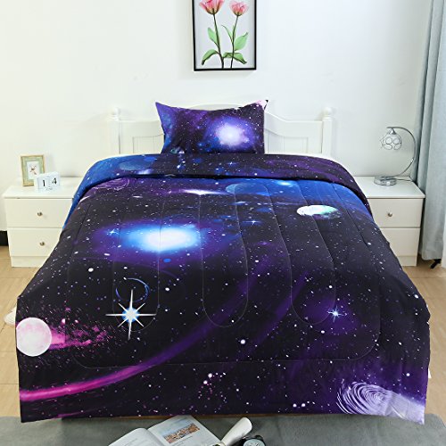  Twin Comforter Set Galaxies Purple Color - 3D Outer Space Themed Bedding - All Season Down Alternative Quilted Duvet - Reversible Design- Includes 1 Comforter And 1 Pillowcase