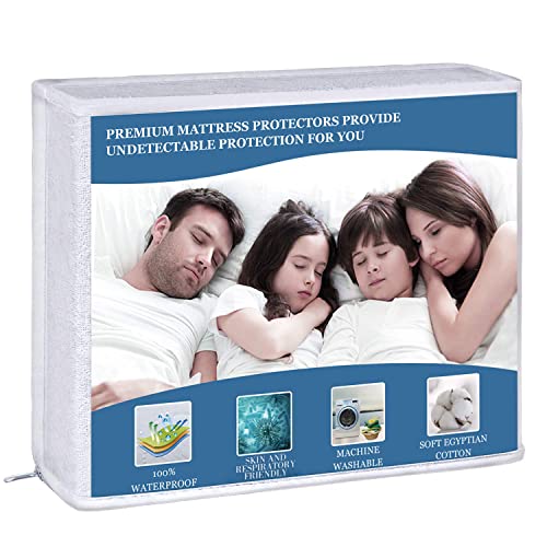  Waterproof Mattress Protector Queen Size, 100% Egyptian Cotton Breathable And Soft Mattress Protector, Vinyl-Free Hypoallergenic And Noiseless Mattress Cover, White