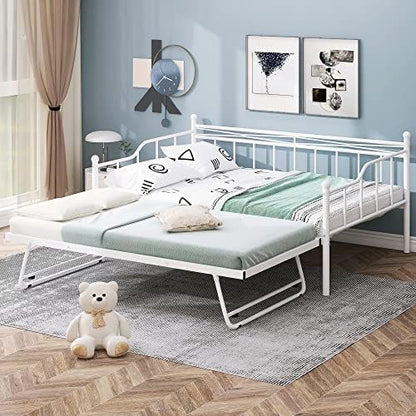  Twin Size Metal Daybed With Trundle, Daybed With Slat No Box Required, Noise Free, For Bedroom Living Room - Pink