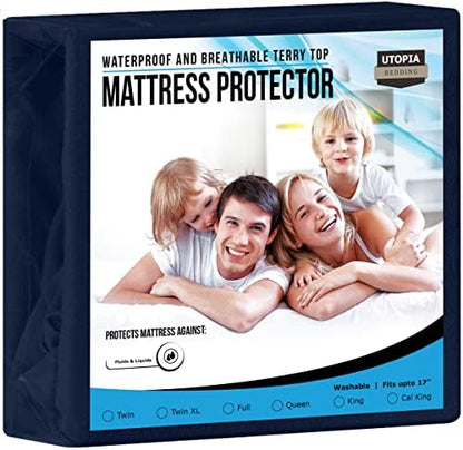  Premium Waterproof Terry Mattress Protector Twin 200 GSM, Mattress Cover, Breathable, Fitted Style With Stretchable Pockets (White)