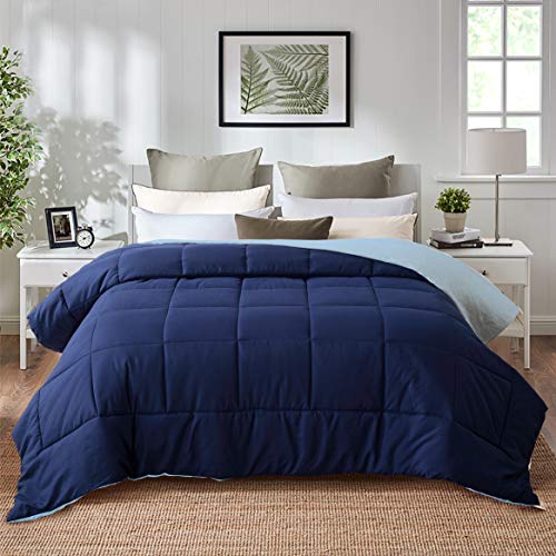  All Season Pre Washed Soft Microfiber White Goose Down Alternative Comforter With Box Stitching (Navy/Light Blue, Twin)