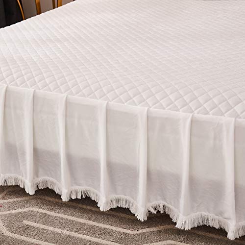  Diamond Quilted Velvet Bedspread Three Sides 18 Inches Deep Ruffles Drop Fitted Sheet Bed Skirt With Tassels Decorative Fringe (White, King)
