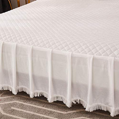  Diamond Quilted Velvet Bedspread Three Sides 18 Inches Deep Ruffles Drop Fitted Sheet Bed Skirt With Tassels Decorative Fringe (White, King)