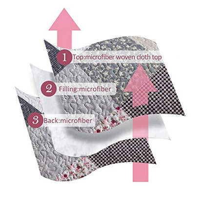  ENJOHOS Quilts Queen Size Queen Quilt Set Grey Quilt Bedspread Reversible Patchwork Floral Coverlet Set, Lightweight Country Quilts Bedding Set With 2 Pillow Shams（Grey Flower Plaid2）