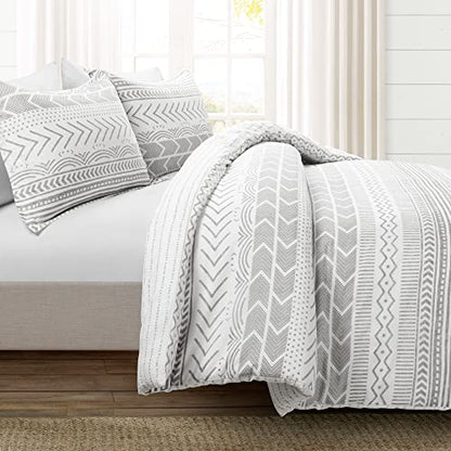  Hygge Geo Reversible 3 Piece Cotton Duvet Set, King, Gray & White