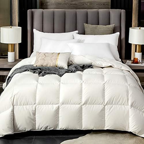  Premium Goose Feathers Down Comforter King Size All Season Medium Warmth Solid White 100% Cotton Cover Down Proof Duvet Insert With Corner Tabs, 60 Oz
